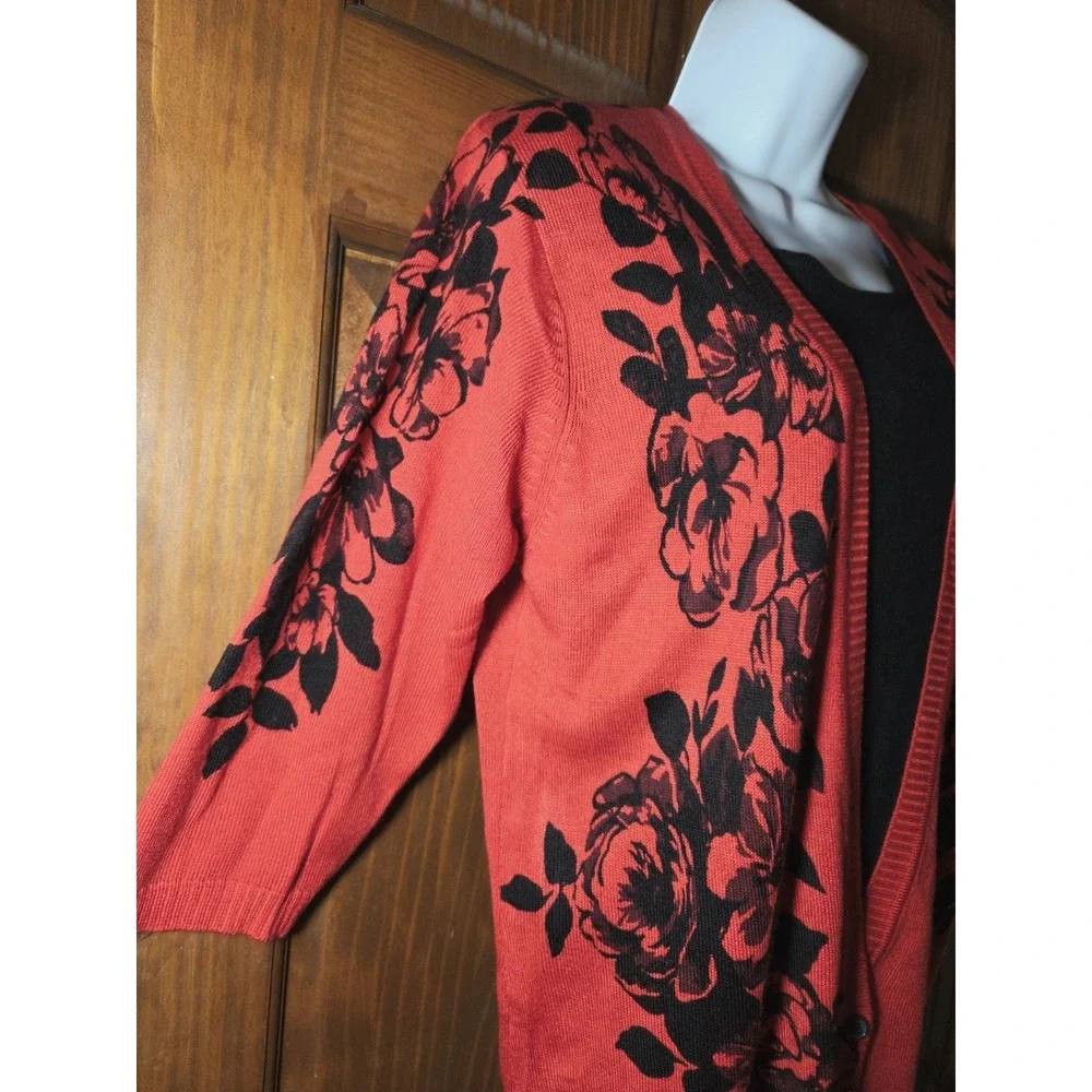 Vtg Red & Black Floral Faux Cardigan Sweater W Dickie 3/4-Sleeve Soft M NWT